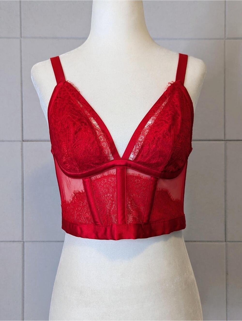 Victoria's Secret red lace mesh bustier corset crop top